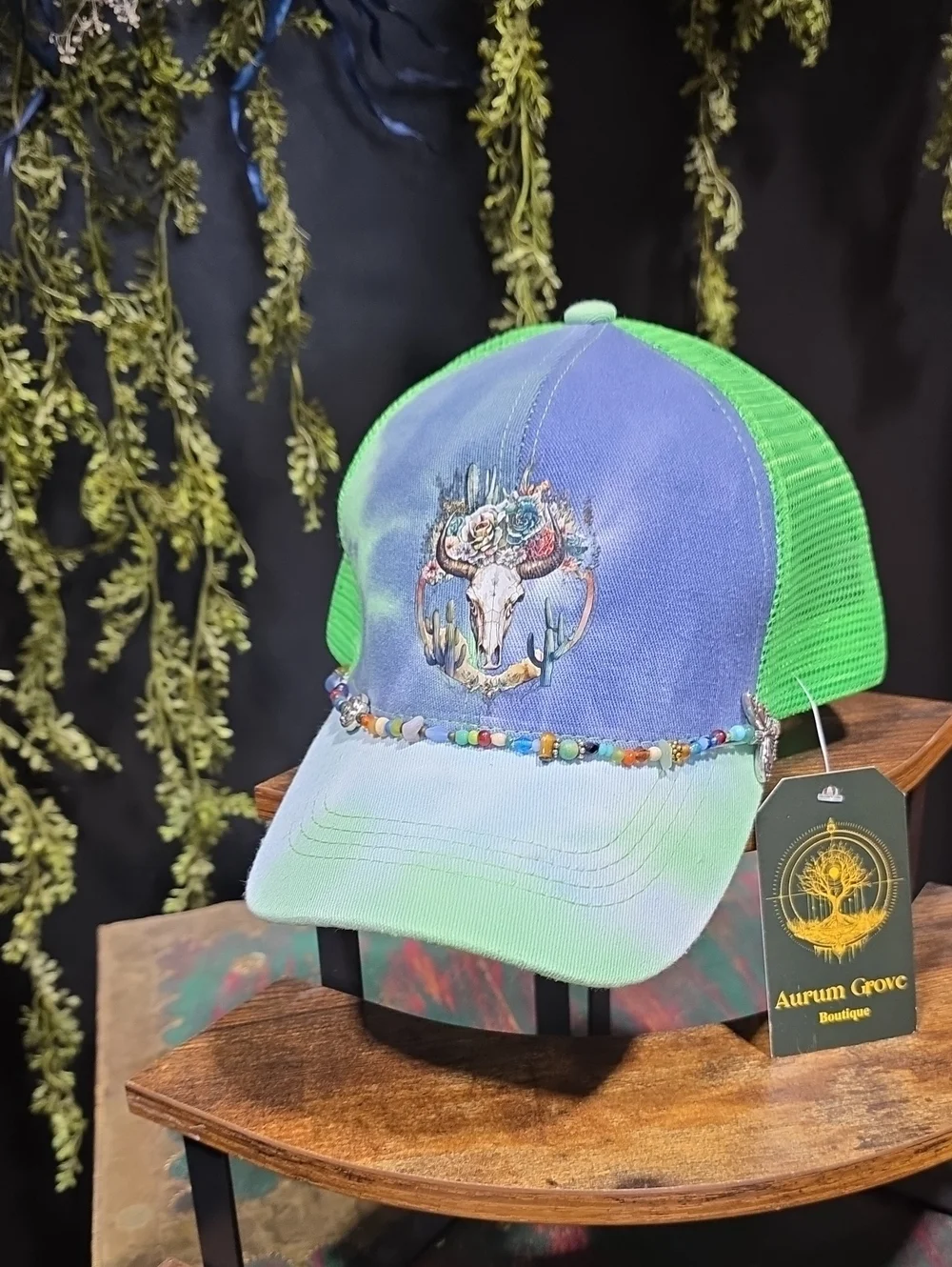 Aurum Grove Green & Blue Beaded Trucker Hat